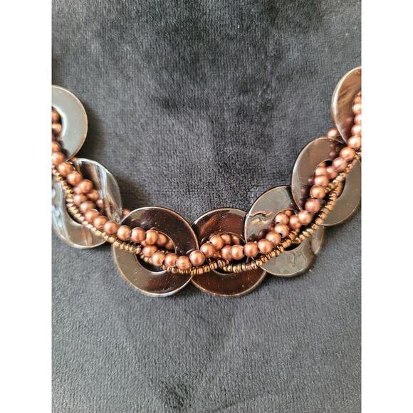 Women's Brown Beaded Statement Necklace With Lobster Clasp And Shell Discs - Picture 4 of 6